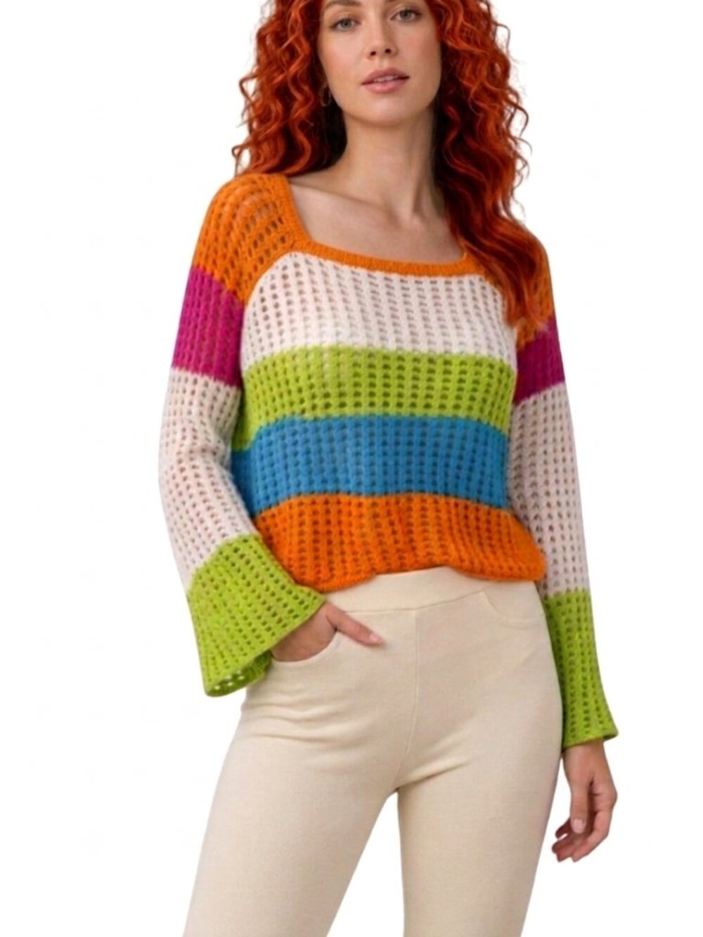 Wild Fable Rainbow Crochet Top 100% Cotton Crop Color Block Sweater XXS